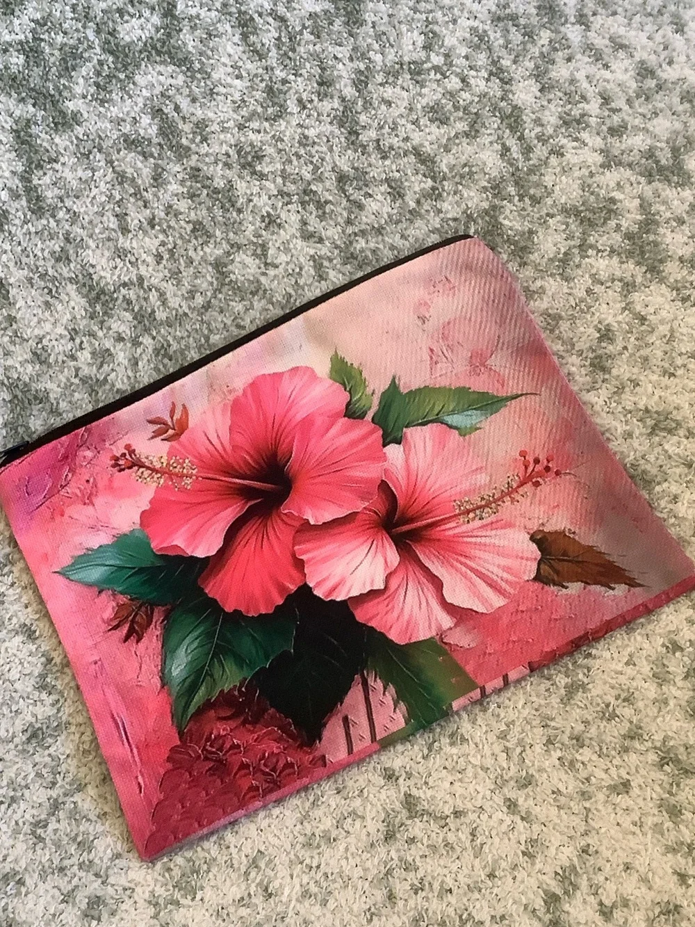 Hot Pink Tropical Floral Cosmetic Bag Canvas Pouch with Hibiscus Print NWT 10x7.